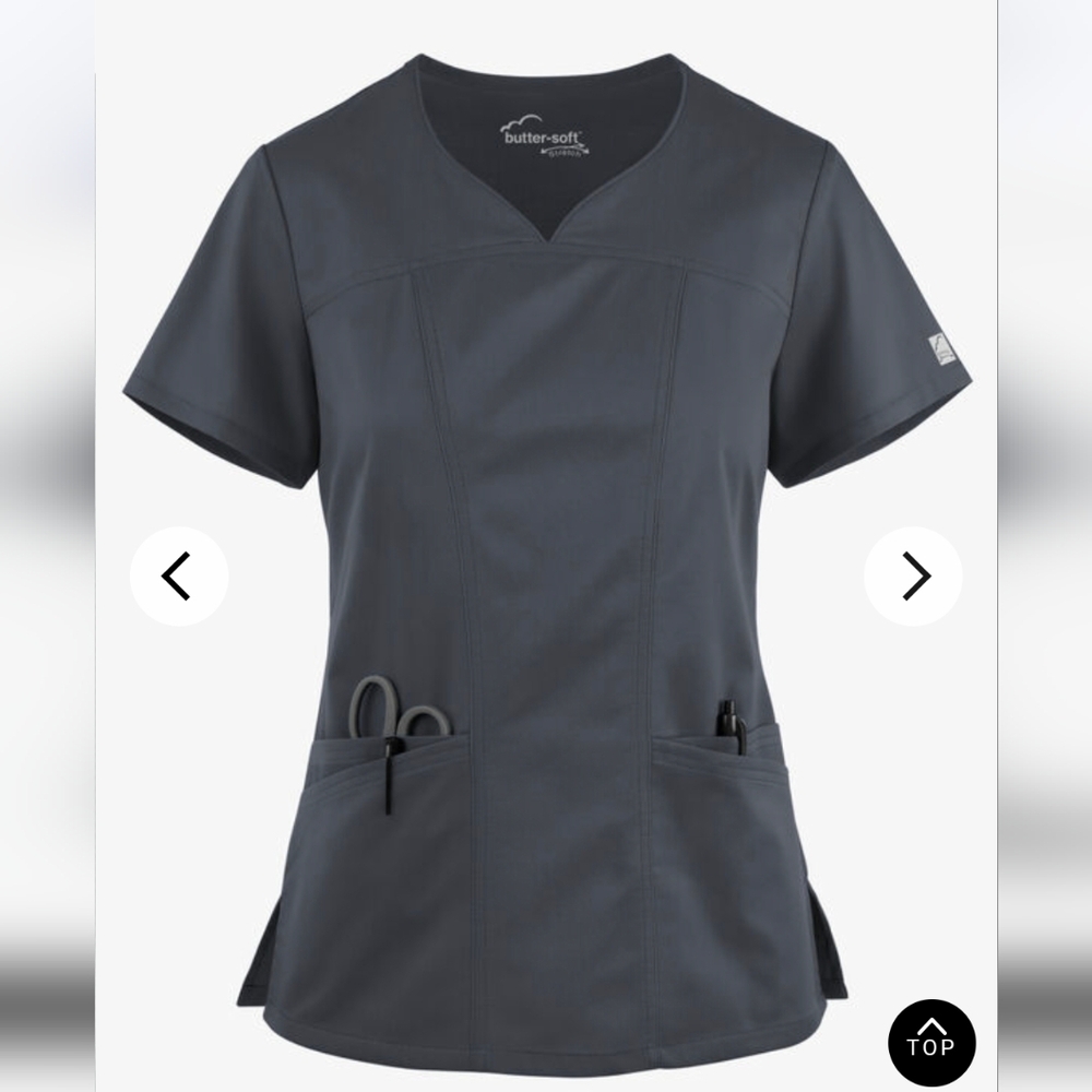 Butter-Soft STRETCH Women's 4-Pocket Sweetheart Neck Scrub Top Pewter Large NWT